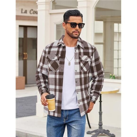 Men's Flannel Shirt Jacket Quilted Lined Plaid Jacket Long Sleeve Shacket - Picture 2 of 7